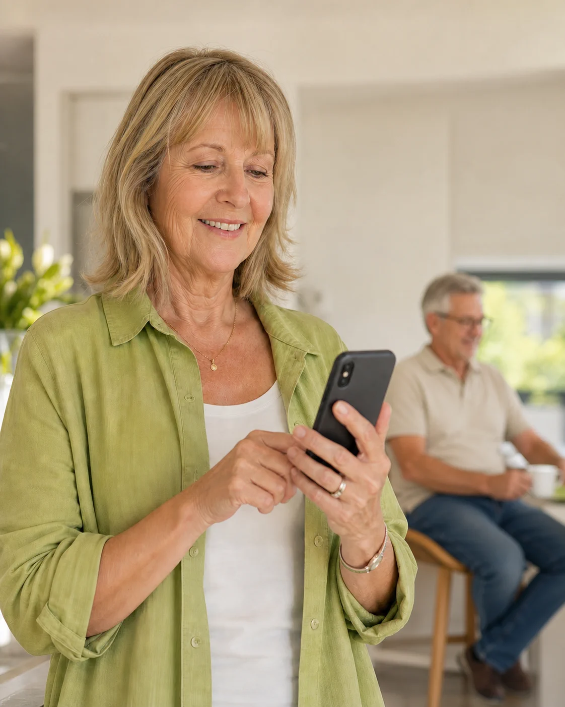 Woman looking at her phone while her husband sits in the background