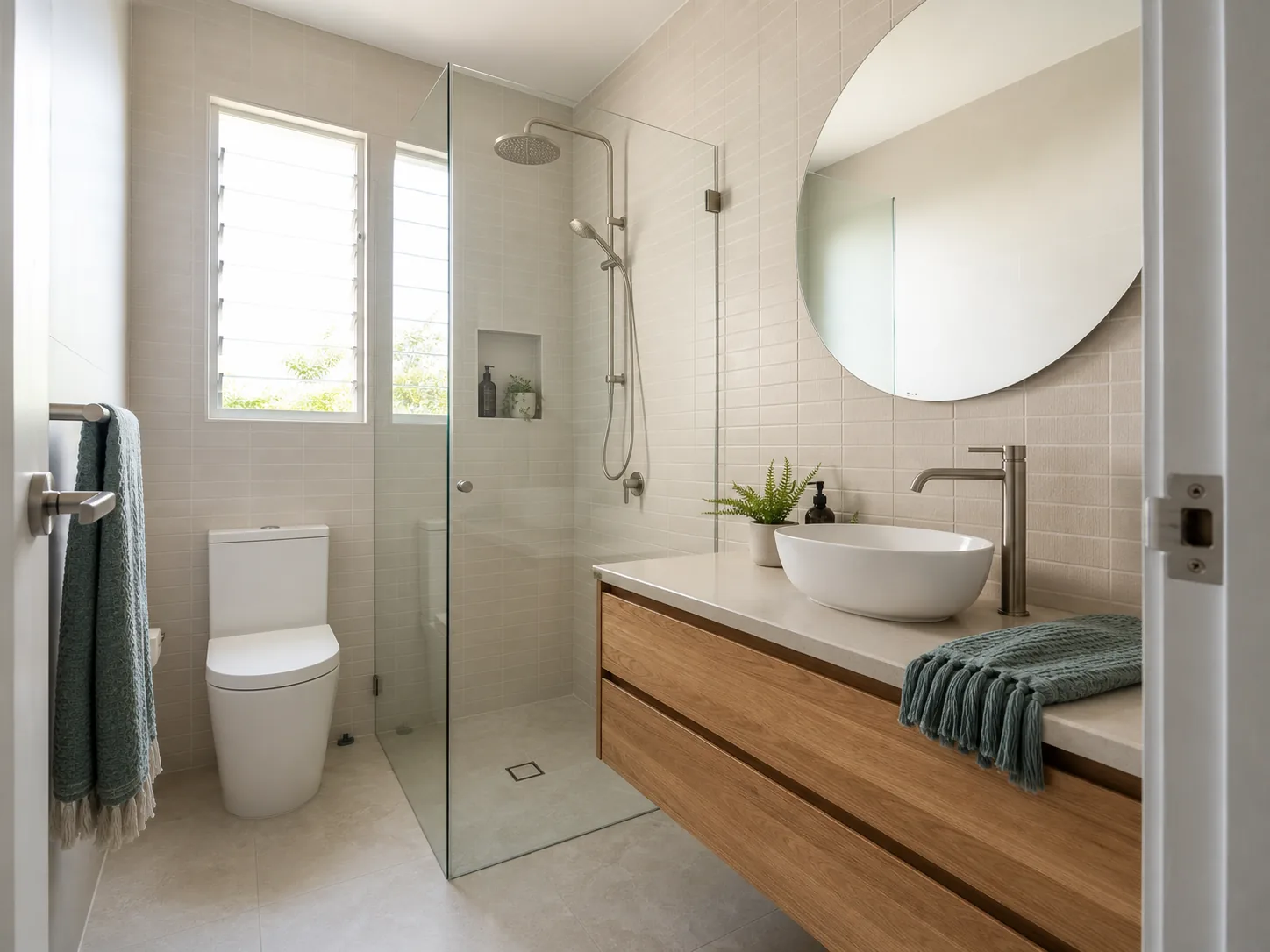 Illustrative concept image of a finished Australian bathroom with new vanity, shower and toilet plumbing fixtures.