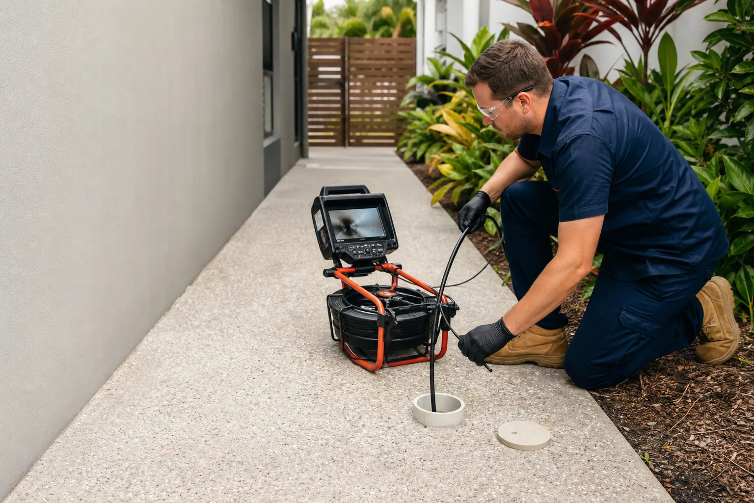 Illustrative concept image of a plumber using a drain inspection camera at an outdoor access point.