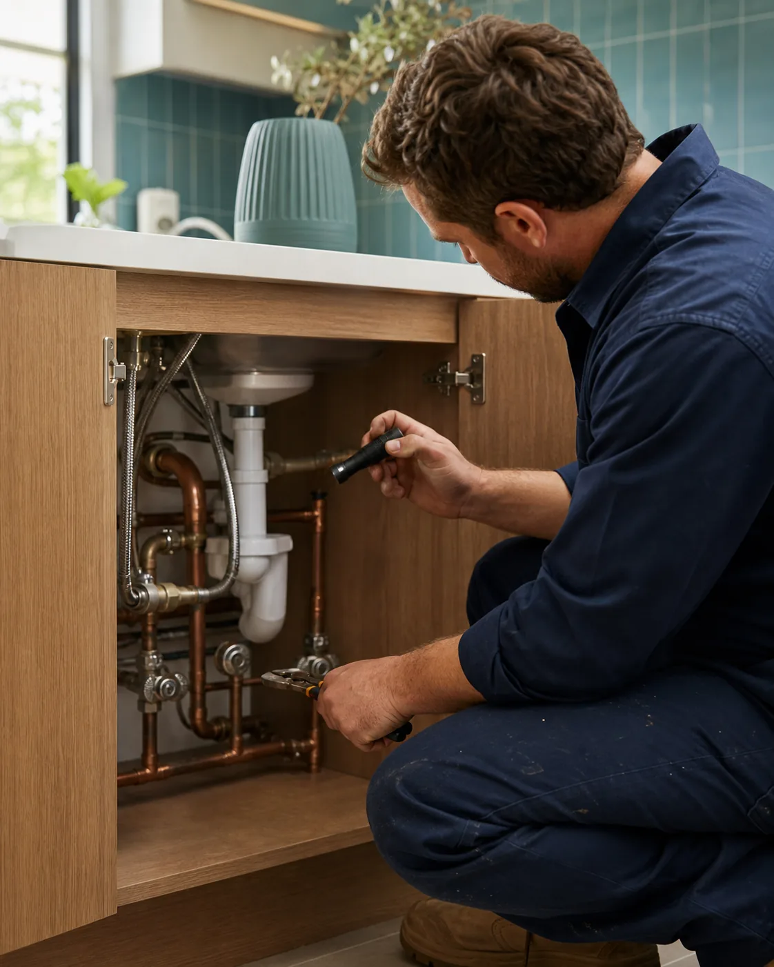 Illustrative concept image of a plumber inspecting pipework under a kitchen sink.