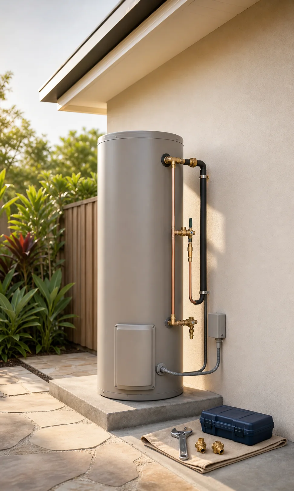 Illustrative concept image of an unbranded outdoor electric storage hot water system with neat copper pipework and plumbing service tools.
