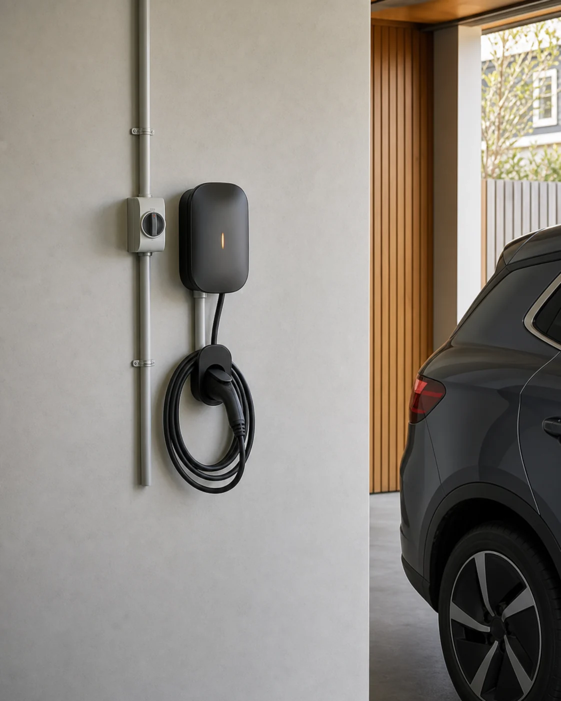 Neatly installed electric vehicle charger beside a modern home garage