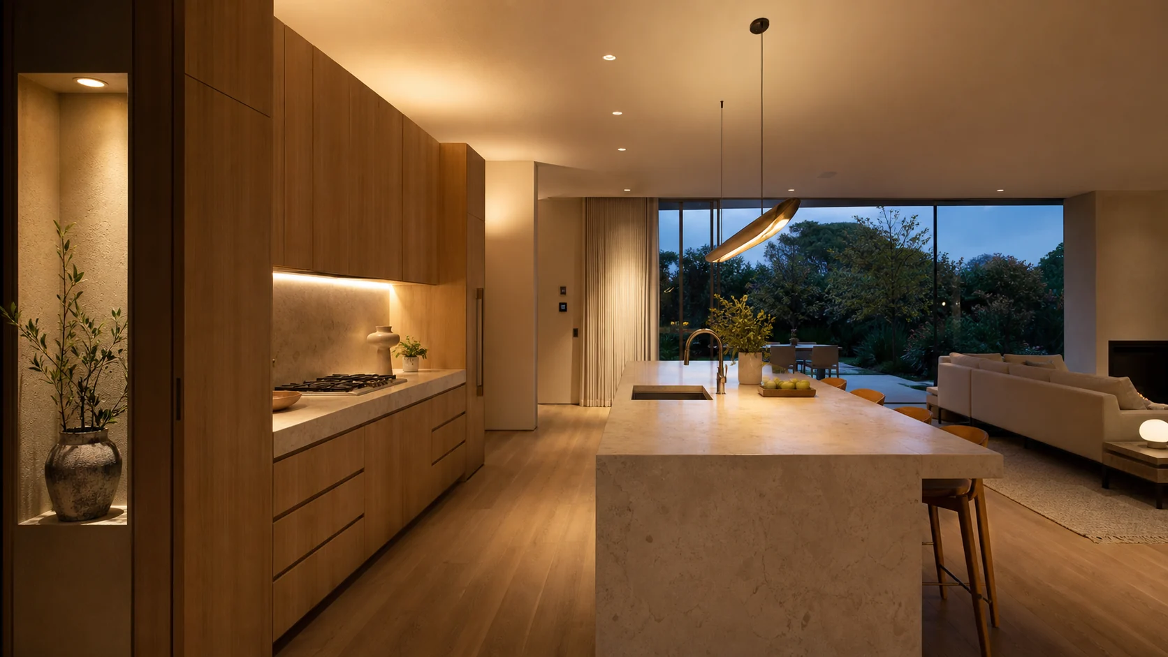 Warm layered lighting throughout a contemporary open-plan kitchen and living area
