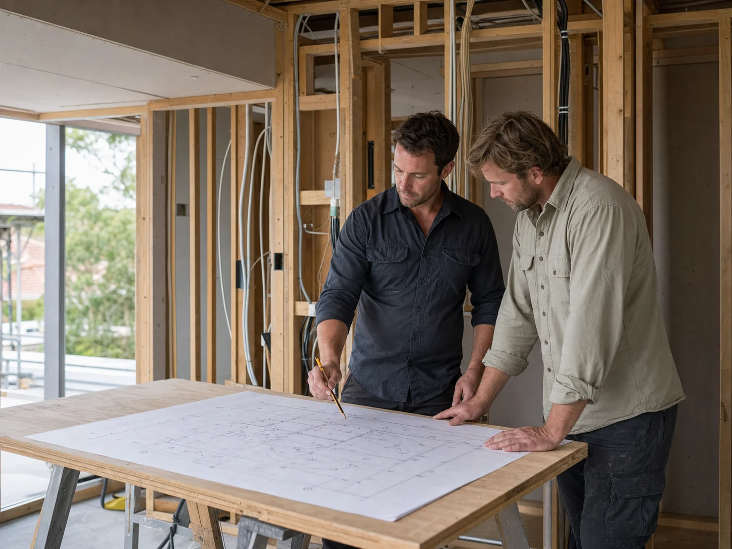 Electrician and builder reviewing electrical plans during a home renovation