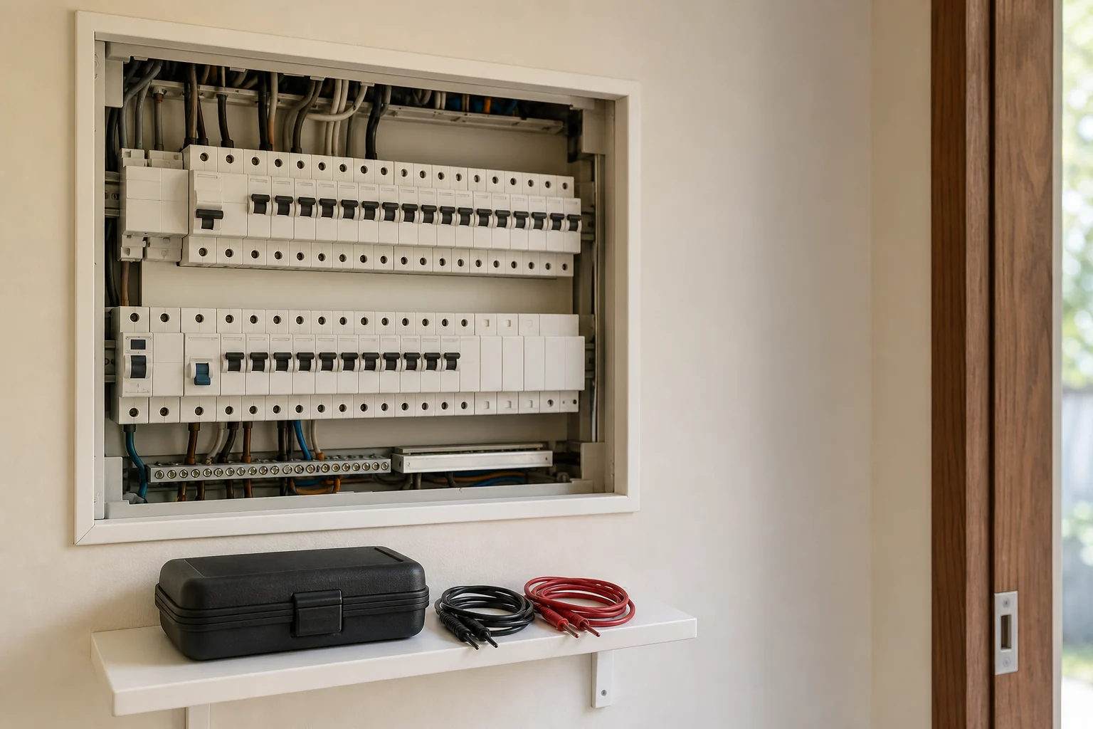 Neatly arranged modern switchboard prepared for electrical testing